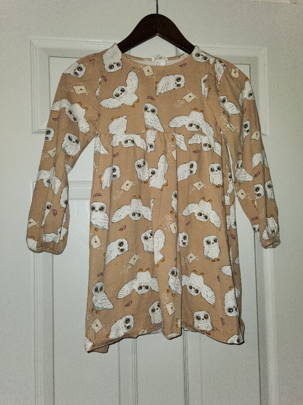H&M Harry Potter Owl Letter Print Long Sleeve Dress Girls Size 8 Beige